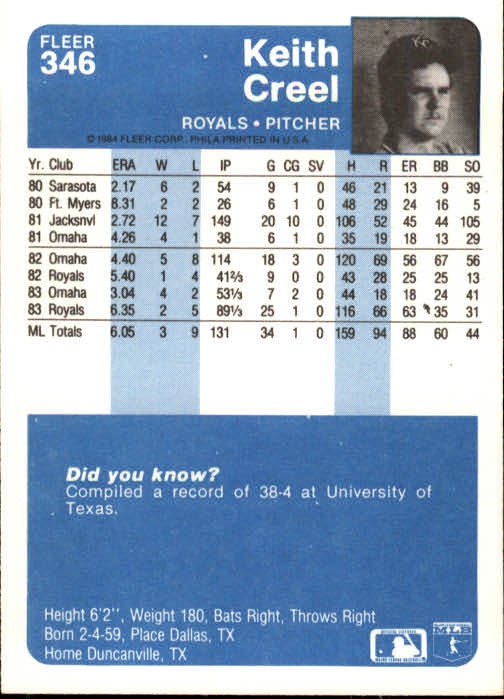 1984 Fleer Baseball Card #251-500 - Choose Your Card - Picture 179 of 487