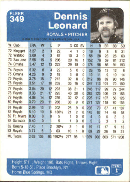 1984 Fleer Baseball Card #251-500 - Choose Your Card - Picture 185 of 487