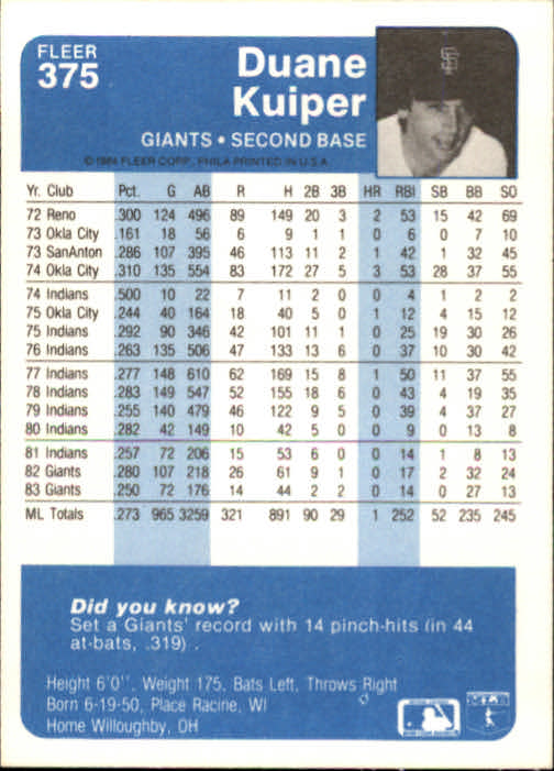 1984 Fleer Baseball Card #251-500 - Choose Your Card - Picture 237 of 487
