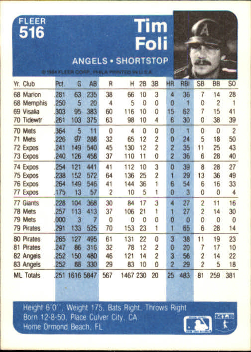 1984 Fleer Baseball Card Pick 288-584 - Picture 381 of 491