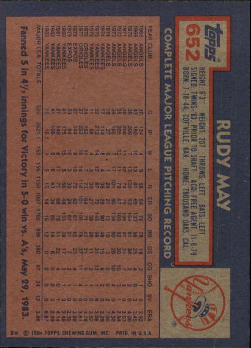 thumbnail 103  - 1984 Topps Baseball Set Break (Cards 601-792) (Pick Your Players)