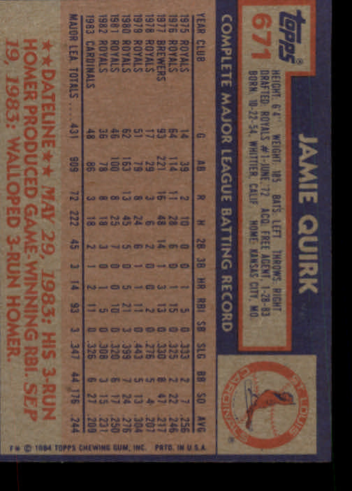 thumbnail 141  - 1984 Topps Baseball Set Break (Cards 601-792) (Pick Your Players)