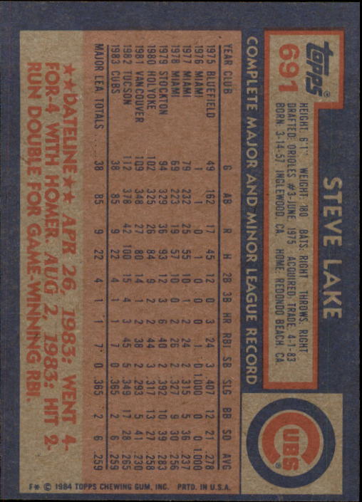 thumbnail 181  - 1984 Topps Baseball Set Break (Cards 601-792) (Pick Your Players)