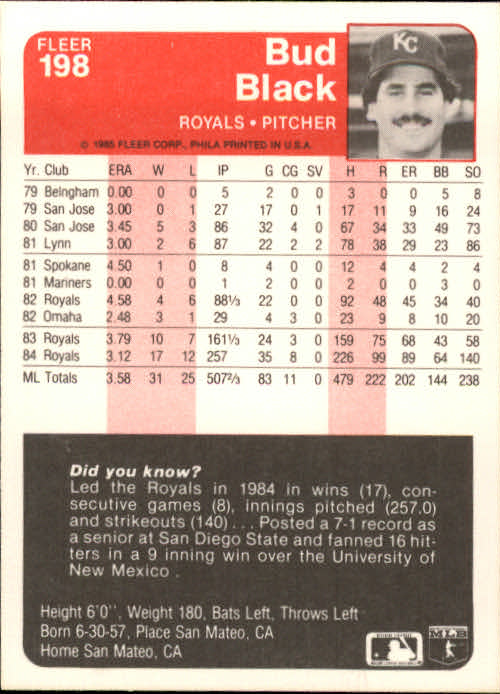 1985 Fleer Baseball Card Pick 1-376 - Picture 241 of 481