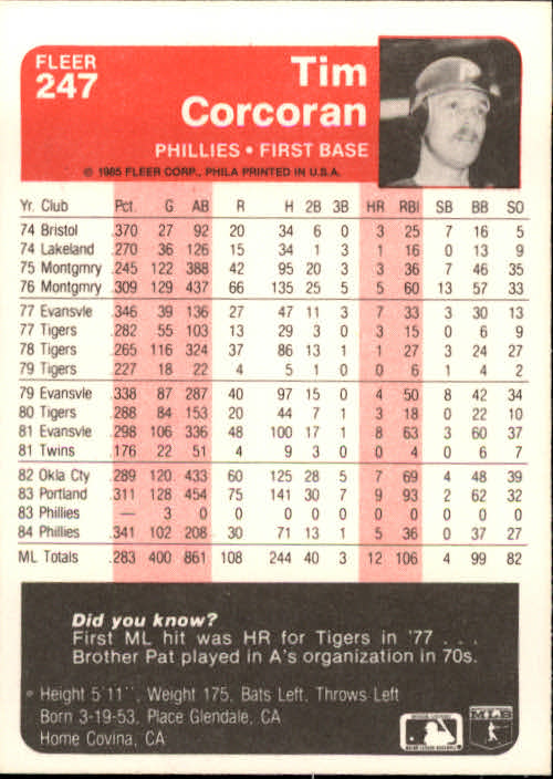 1985 Fleer Baseball Card Pick 1-376 - Picture 305 of 481