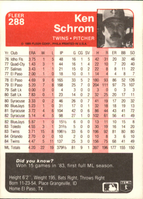 1985 Fleer Baseball Card #251-500 - Choose Your Card - Picture 73 of 493