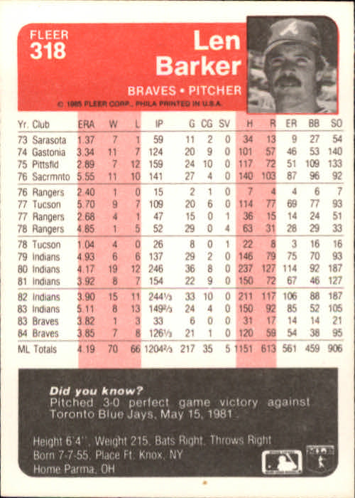 1985 Fleer Baseball Card #251-500 - Choose Your Card - Picture 133 of 493