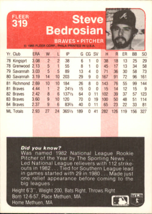 1985 Fleer Baseball Card #251-500 - Choose Your Card - Picture 135 of 493