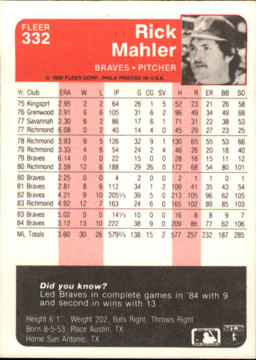 1985 Fleer Baseball Card #251-500 - Choose Your Card - Picture 161 of 493
