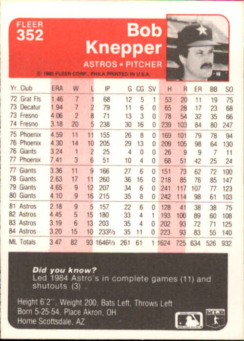 1985 Fleer Baseball Card #251-500 - Choose Your Card - Picture 201 of 493