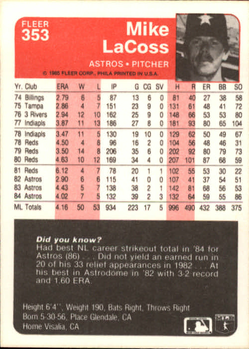 1985 Fleer Baseball Card #251-500 - Choose Your Card - Picture 203 of 493