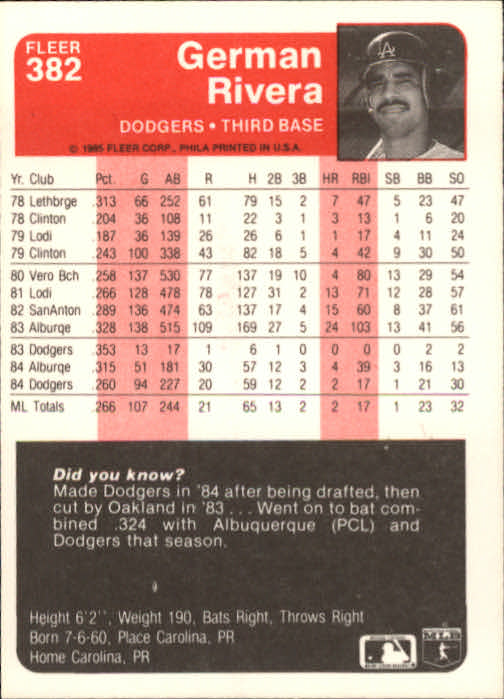 1985 Fleer Baseball Card #251-500 - Choose Your Card - Picture 257 of 493
