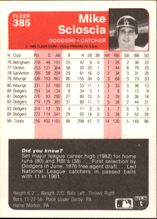 1985 Fleer Baseball Card #251-500 - Choose Your Card - Picture 263 of 493