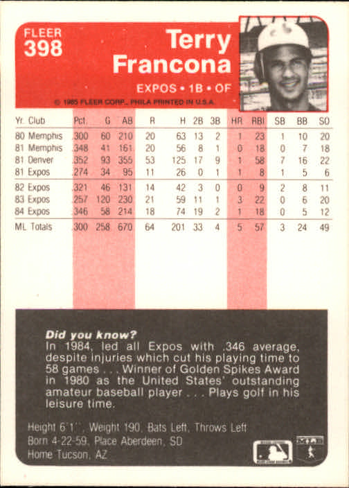 1985 Fleer Baseball Card #251-500 - Choose Your Card - Picture 289 of 493