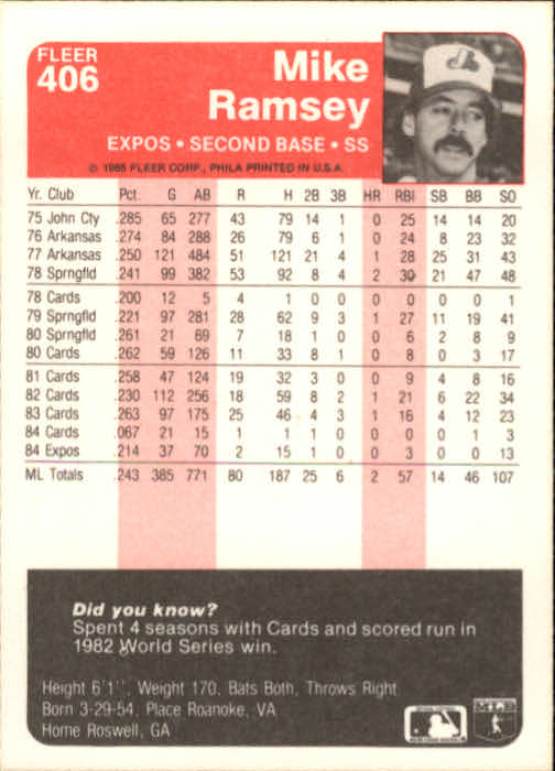 1985 Fleer Baseball Card #251-500 - Choose Your Card - Picture 305 of 493