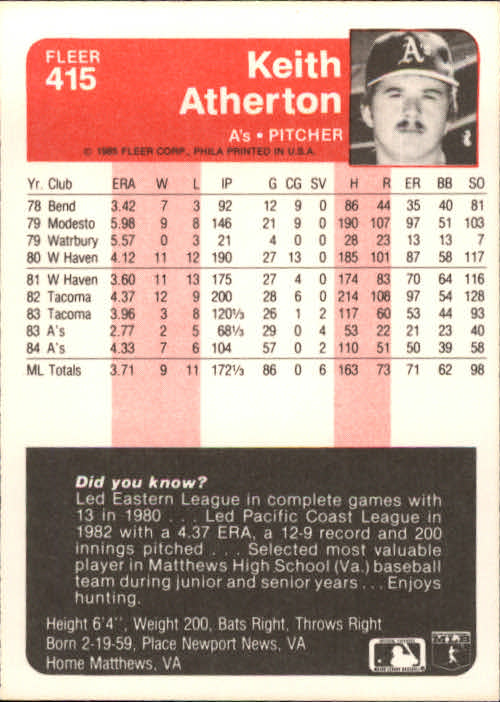 1985 Fleer Baseball Card #251-500 - Choose Your Card - Picture 323 of 493