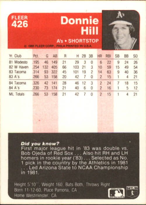 1985 Fleer Baseball Card #251-500 - Choose Your Card - Picture 345 of 493