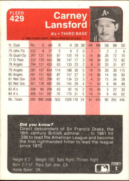 1985 Fleer Baseball Card #251-500 - Choose Your Card - Picture 351 of 493