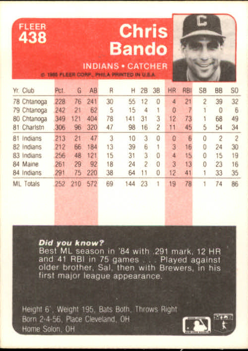 1985 Fleer Baseball Card #251-500 - Choose Your Card - Picture 369 of 493