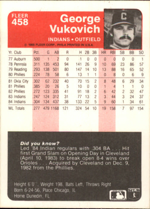 1985 Fleer Baseball Card #251-500 - Choose Your Card - Picture 409 of 493