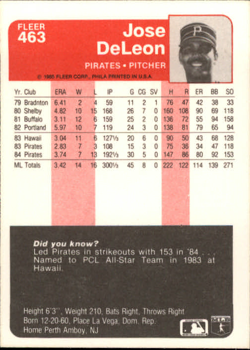 1985 Fleer Baseball Card #251-500 - Choose Your Card - Picture 419 of 493