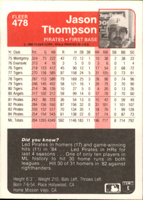 1985 Fleer Baseball Card #251-500 - Choose Your Card - Picture 449 of 493
