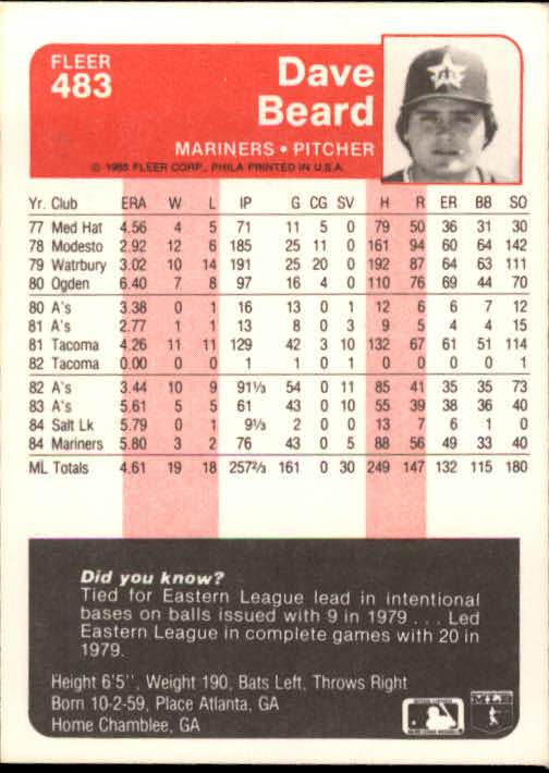 1985 Fleer Baseball Card #251-500 - Choose Your Card - Picture 459 of 493