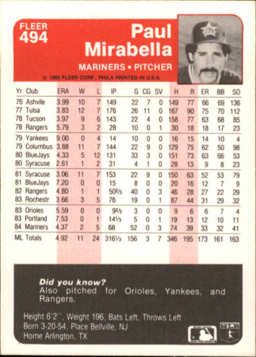 1985 Fleer Baseball Card #251-500 - Choose Your Card - Picture 481 of 493