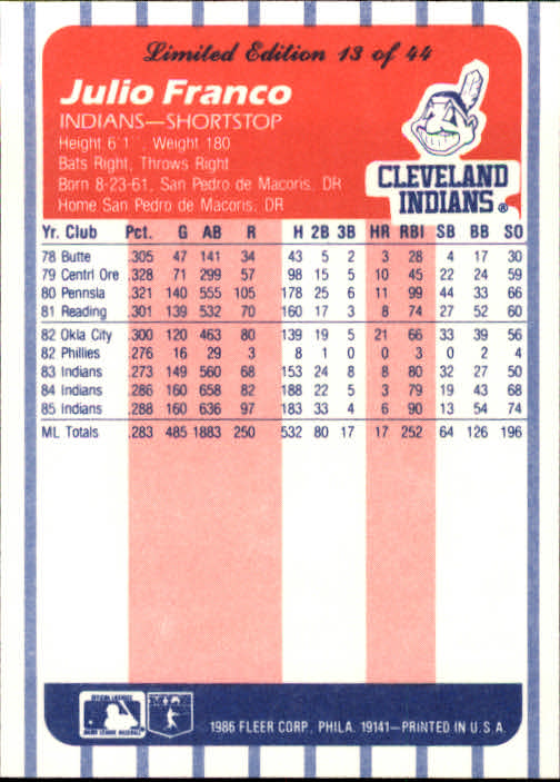 A8103- 1986 Fleer League Leaders BB Card #s 1-44 -You Pick- 15+ FREE US SHIP