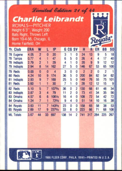 A8103- 1986 Fleer League Leaders BB Card #s 1-44 -You Pick- 15+ FREE US SHIP