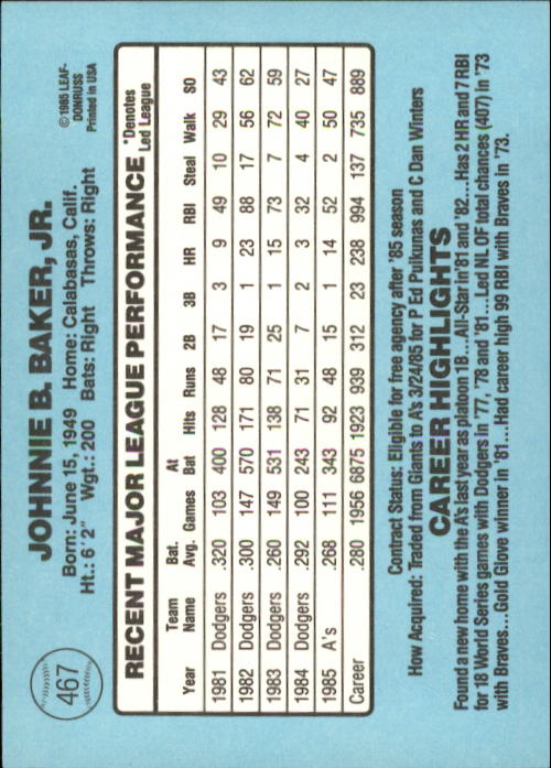 1986 Donruss Baseball "Main Set" Base Cards #441 to #660 - Picture 55 of 439