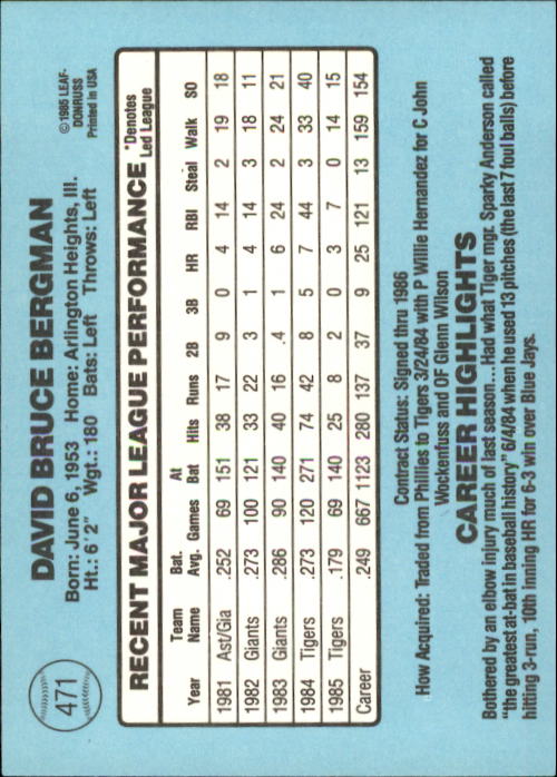 1986 Donruss Baseball "Main Set" Base Cards #441 to #660 - Picture 63 of 439
