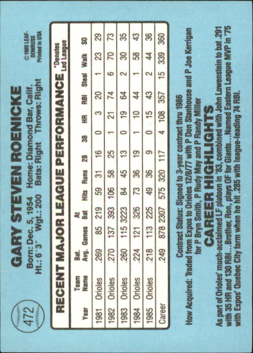 1986 Donruss Baseball "Main Set" Base Cards #441 to #660 - Picture 65 of 439