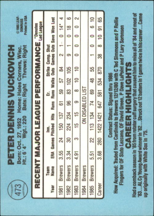 1986 Donruss Baseball "Main Set" Base Cards #441 to #660 - Picture 67 of 439