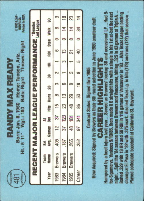 1986 Donruss Baseball "Main Set" Base Cards #441 to #660 - Picture 83 of 439