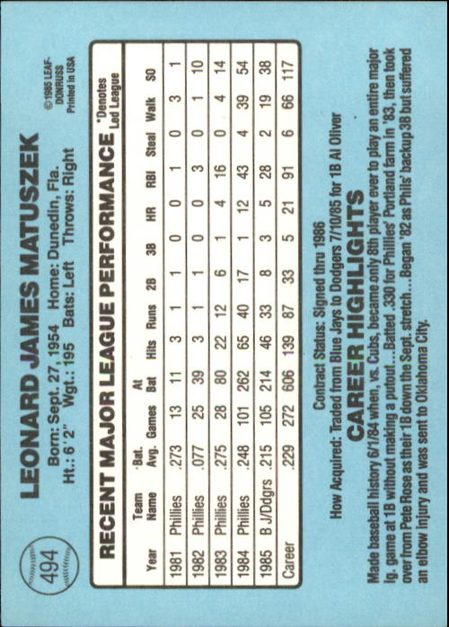 1986 Donruss Baseball "Main Set" Base Cards #441 to #660 - Picture 109 of 439