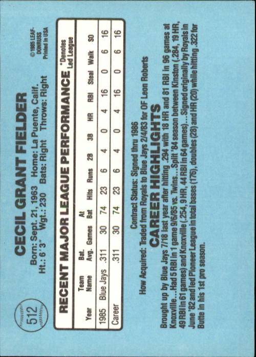 1986 Donruss Baseball "Main Set" Base Cards #441 to #660 - Picture 145 of 439