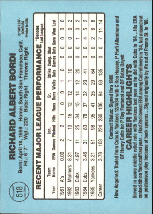 1986 Donruss Baseball "Main Set" Base Cards #441 to #660 - Picture 157 of 439