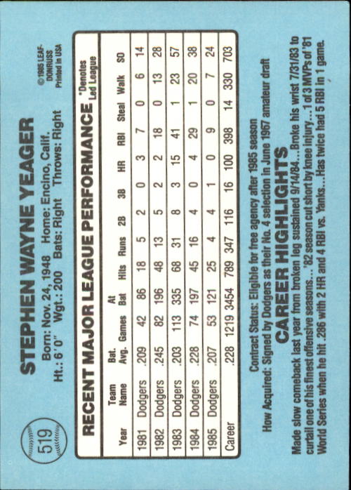 1986 Donruss Baseball "Main Set" Base Cards #441 to #660 - Picture 159 of 439