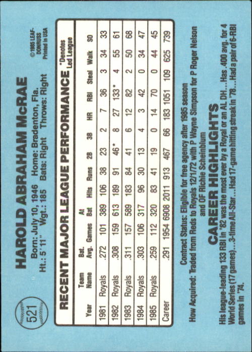 1986 Donruss Baseball "Main Set" Base Cards #441 to #660 - Picture 163 of 439