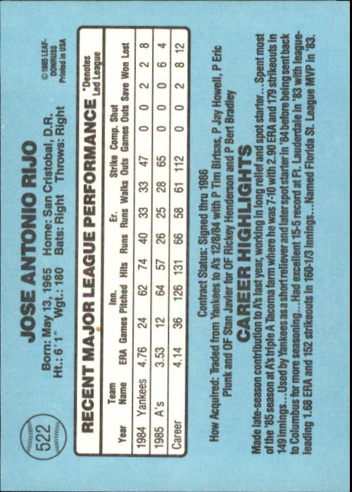1986 Donruss Baseball "Main Set" Base Cards #441 to #660 - Picture 165 of 439