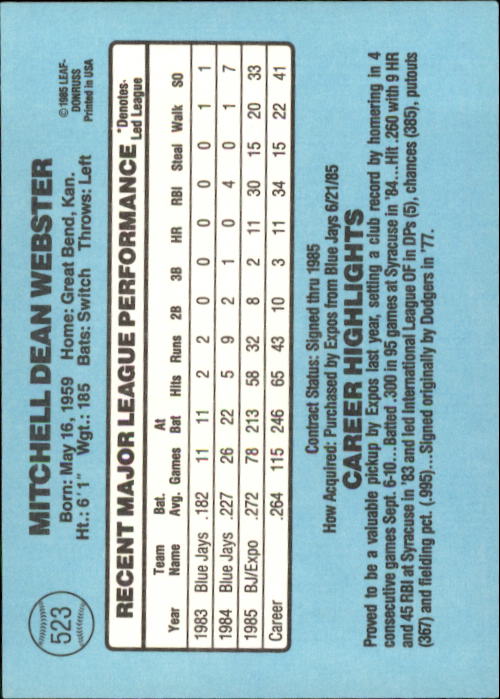 1986 Donruss Baseball "Main Set" Base Cards #441 to #660 - Picture 167 of 439