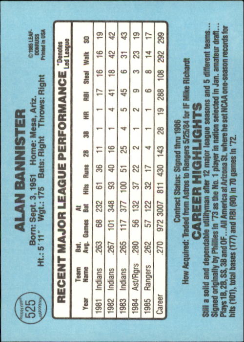 1986 Donruss Baseball "Main Set" Base Cards #441 to #660 - Picture 171 of 439
