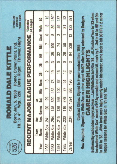 1986 Donruss Baseball "Main Set" Base Cards #441 to #660 - Picture 173 of 439