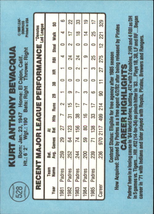 1986 Donruss Baseball "Main Set" Base Cards #441 to #660 - Picture 177 of 439