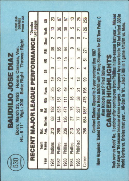 1986 Donruss Baseball "Main Set" Base Cards #441 to #660 - Picture 181 of 439
