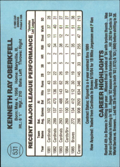 1986 Donruss Baseball "Main Set" Base Cards #441 to #660 - Picture 183 of 439