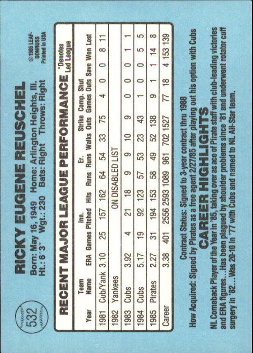 1986 Donruss Baseball "Main Set" Base Cards #441 to #660 - Picture 185 of 439