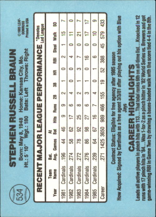 1986 Donruss Baseball "Main Set" Base Cards #441 to #660 - Picture 189 of 439