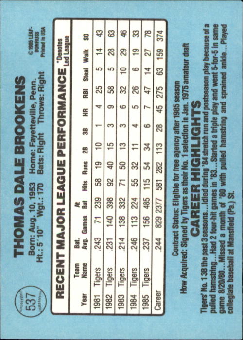 1986 Donruss Baseball "Main Set" Base Cards #441 to #660 - Picture 195 of 439